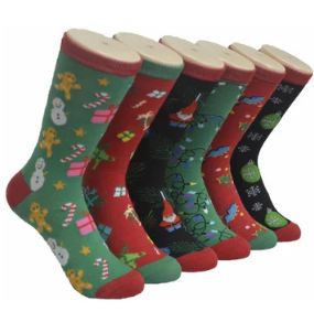 Women's Christmas Crew Socks Bright Colorful Fancy Design 6 Pairs Size 9-11 Assorted Color